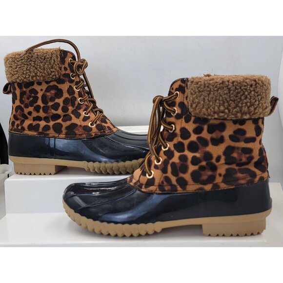 Nature Breeze Duck Boots Leopard Print Waterproof Faux Fur Rubber Sole Womens 8 - Picture 4 of 10